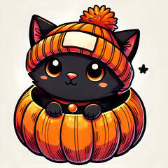 Cute black kitten wearing an orange beanie sits inside a pumpkin. Kawaii Halloween illustration perfect for autumn decor. Adorable, playful, and festive fall vibes.