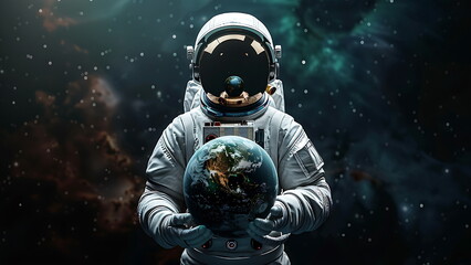 astronaut holding earth on dark background