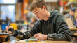 © Jirawatfoto - Determined Student with Prosthetic Arm Using Adaptive Writing Aid for Taking Notes in Classroom
