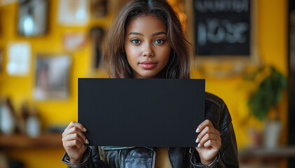 Poster - Young woman smiling, holding board, looking at camera generated by AI