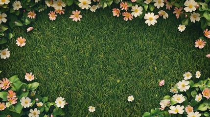 Floral Frame on Lush Green Grass:  A delicate border of white and pink daisies surrounds a vibrant green grassy lawn, creating a captivating and natural backdrop for your creative projects.  The vibra