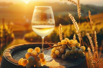 Glass of white wine on an old barrel surrounded by wheat and grapes, set against a vineyard backdrop with soft sunset light, showcasing a rustic and elegant wine experience.