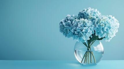 An all blue bouquet of hydrangeas in a glass vase on blue background