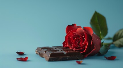 Beautiful red rose and dark chocolate for valentine day on blue background