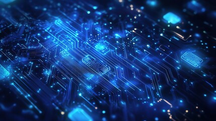 Digital Circuitry: A mesmerizing close-up of glowing blue circuit board, an abstract representation of the intricate web of technology, data transfer, and innovation.