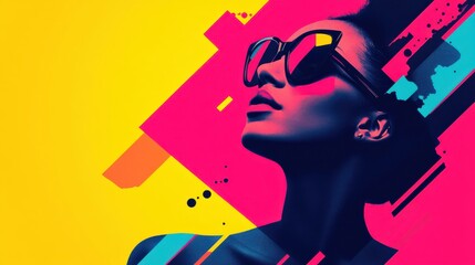 Vibrant portrait of a woman in sunglasses, exuding confidence amidst colorful geometric shapes, perfect for modern design projects.