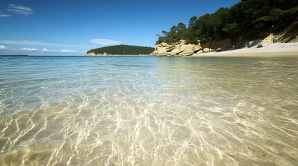 Wall Mural - Crystal clear water meeting the sandy shore on a sunny day