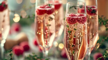 Flutes of pink rose champagne garnished with red raspberries and green thyme make for a festive cocktail gathering