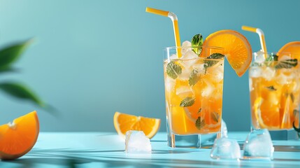 Wall Mural - Fresh summer orenge cocktail in glasses on blue background