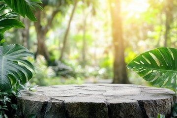 Stone tabletop podium floor in outdoors tropical garden forest blurred green leaf plant nature background.Natural product placement pedestal stand display,jungle paradise concept with generative ai