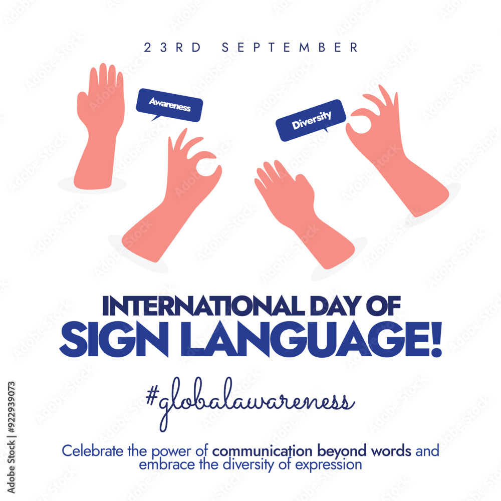 International Day of Sign Language background, post. 23rd September Sign language day banner with hands making different signs. The day raise awareness of sign language for rights of deaf people.