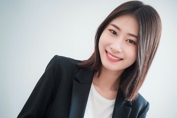 Beautifull Asian Young Woman Smiling and Laughing, Blank White and Blue, Business Woman Attractive Smile