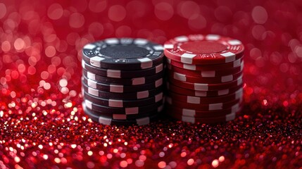 High Stakes Glamour: Black and red poker chips stacked high on a sparkling red background, exuding luxury and risk. 