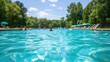 © Intelligent Horizons - A happy family of parents and children splashing and playing in the cool inviting waters of an outdoor pool on a sunny summer day surrounded by lush greenery and a peaceful tranquil atmosphere
