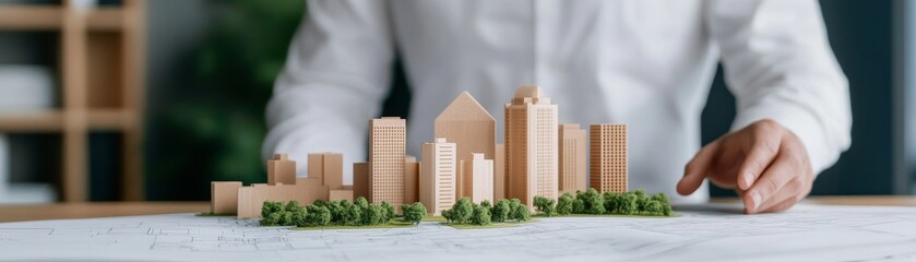 architect planning sustainable city development with miniature wooden model and blueprint.