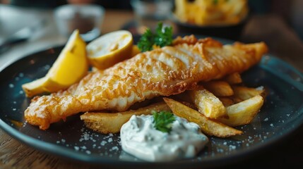 Wall Mural - A plate of fish and fries served with a dollop of sour cream, lemon wedges, and parsley garnish.