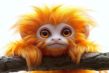 Cute Golden Lion Tamarin: A golden lion tamarin with its bright orange fur clinging to a branch against a white background.