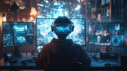Man Engaging in VR Gaming and Data Analysis with Multiple Monitors at Night
