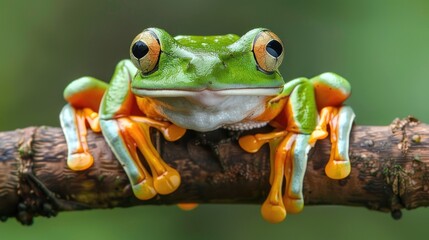 Close-Up Portrait of a Green Tree Frog on a Branch