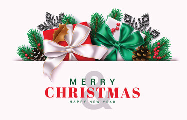 Wall Mural - Merry christmas greetings vector banner design. Christmas greeting text in white empty space background with ornaments and elements like gift box, pine tree leaves, glitter black snowflakes, spruce 