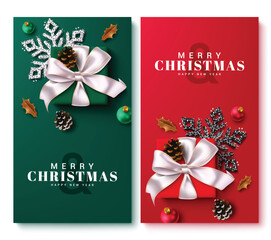 Wall Mural - Christmas greeting vector poster set design. Merry christmas greeting text with gift box, xmas balls, spruce and glitter snowflakes elements in empty space colorful background. Vector illustration new