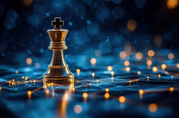 Wall Mural - A golden chess piece stands on the digital board, surrounded by glowing connections and data streams, symbolizing technology's role in providing strategic guidance for business 