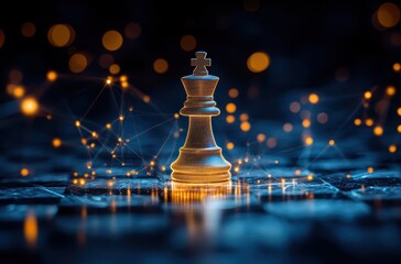 Wall Mural - A golden chess piece stands on the digital board, surrounded by glowing connections and data streams. The king symbolizes the strategic nature of AI technology in business analytics