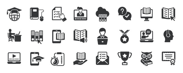 Sticker - e-learning glyph solid icons collection. containing content education, learn, tutorial, training. mi