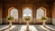 © P.G - Majestic room inside the Red Fort, Delhi, with two large windows and white vases filled with fresh flowers