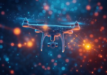 Wall Mural - a futuristic drone with patterns and visualization lines flying in the air with a camera, wireframe 
