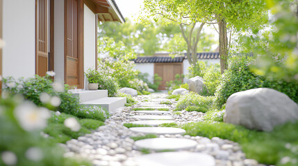 Wall Mural - Chinese style courtyard, white walls and black tiles, stone pavers in the yard, green plants on both sides of the small garden path, flowers blooming, rockery, wooden doors,