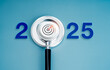 © tete_escape - Happy new year 2025 with technology and business trends review concept. 2025 calendar number with target icon focus in magnifying glass on round chrome badge, isolated on blue background, minimalist.