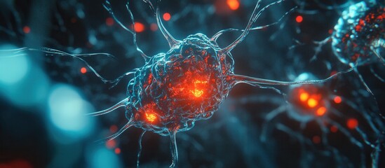 Wall Mural - a group of cells resembling neurons with visible connections inside the nervous system, representing