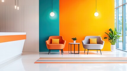 Canvas Print - Modern Lobby Interior with Orange and Teal Walls.