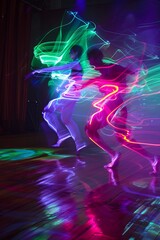 Two figures dance in a dark room with vibrant light trails.