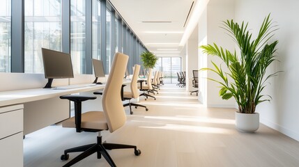 Poster - Modern Office Interior with Beige Chairs and Plants.