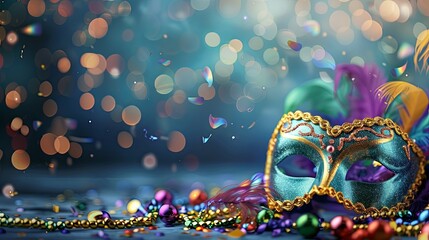 A teal masquerade mask with gold trim and feathers lies on a table with colorful beads and confetti.