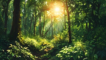 Sunlight penetrates through the leaves and shines on the green tropical rainforest paths, showing the mystery and charm of nature.