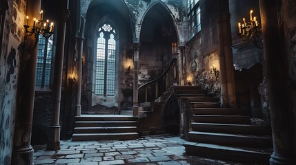 An old historic castle with a spooky interior design that is partially lit by candles