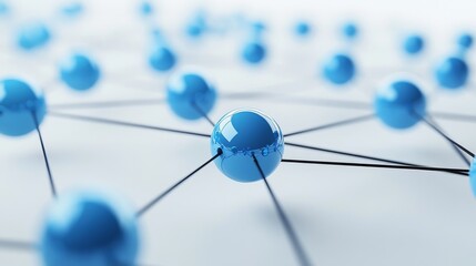 3D network concept with blue spheres connected by black lines on a white background