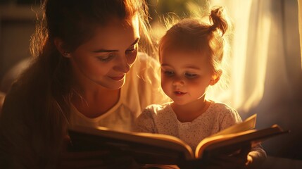 mother teaches her child to read a book, ai generated image