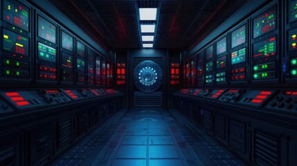 Wall Mural - Futuristic digital control room with glowing panels, sleek design, and intricate technology, creating a sci-fi atmosphere.