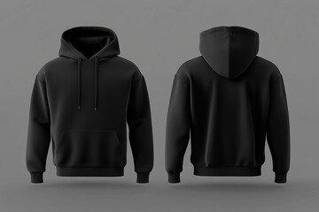  black hoodie with a hood is shown from the back. The hoodie is made of a soft material and has a pocket on the front. The hoodie is designed to be comfortable and warm