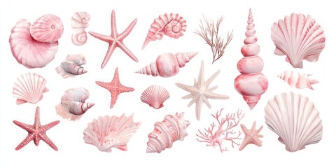 Tranquil Watercolor Seashells and Starfish with Delicate Shading - Marine Elements Decorative Design, generative Ai