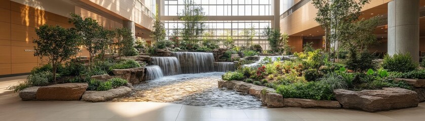 healthcare facility with indoor gardens, natural lighting, and calming water features, showcasing bi