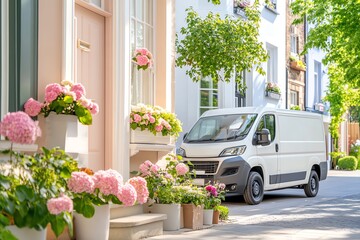 A white delivery van parked beside a charming home adorned with colorful flowers in vibrant blooming pots.