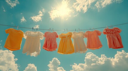 Infant clothes drying on a line in the sky