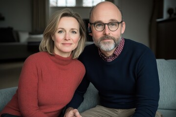 A cozy portrait of a couple sitting together in a modern living room, showcasing love and connection.