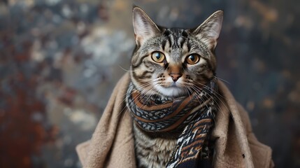 Wall Mural - Awesome black and silver tabby shorthair cat in clothes sitting build with a standard around his neck