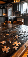 Puzzle pieces scattered on a dining table